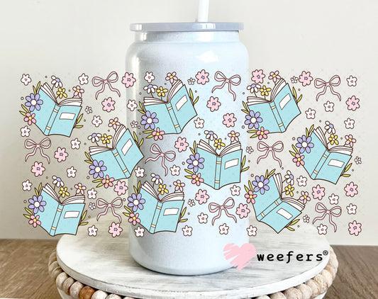 Blue Books and Dainty Flowers UV DTF Cup Wrap 16oz Glass Can Generic Weefers