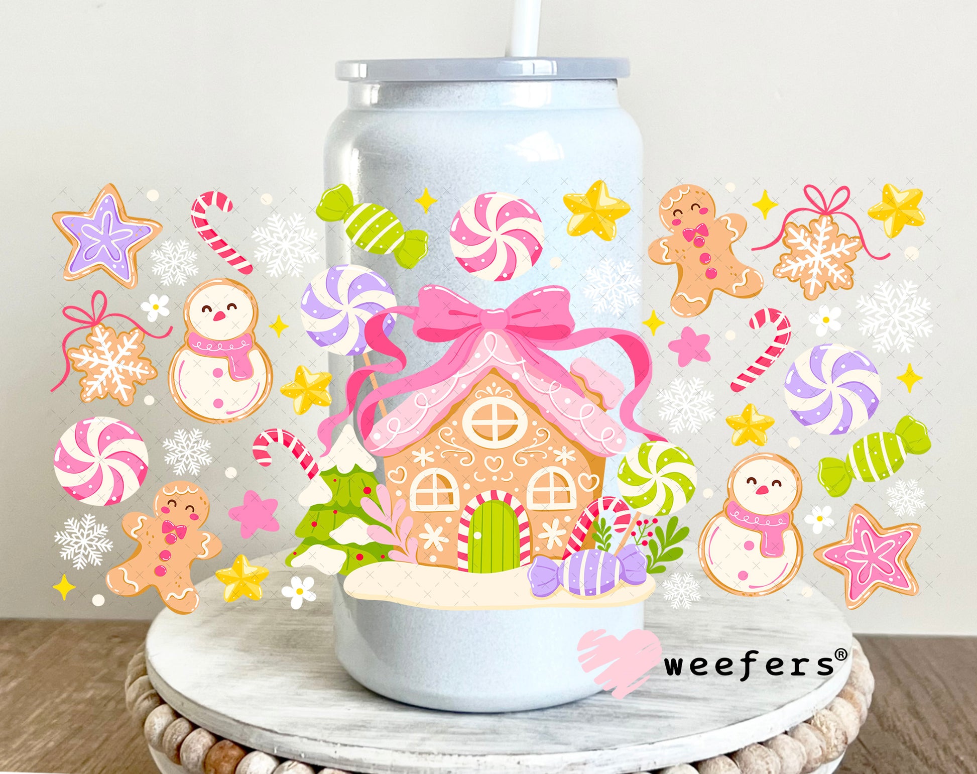 Pastel Gingerbread Christmas UV DTF Cup Wrap 16oz Glass Can Generic Weefers
