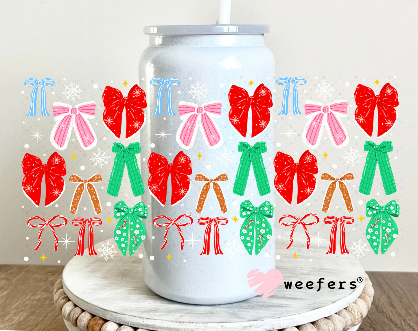Red Green Christmas Bows UV DTF Cup Wrap 16oz Glass Can Generic Weefers