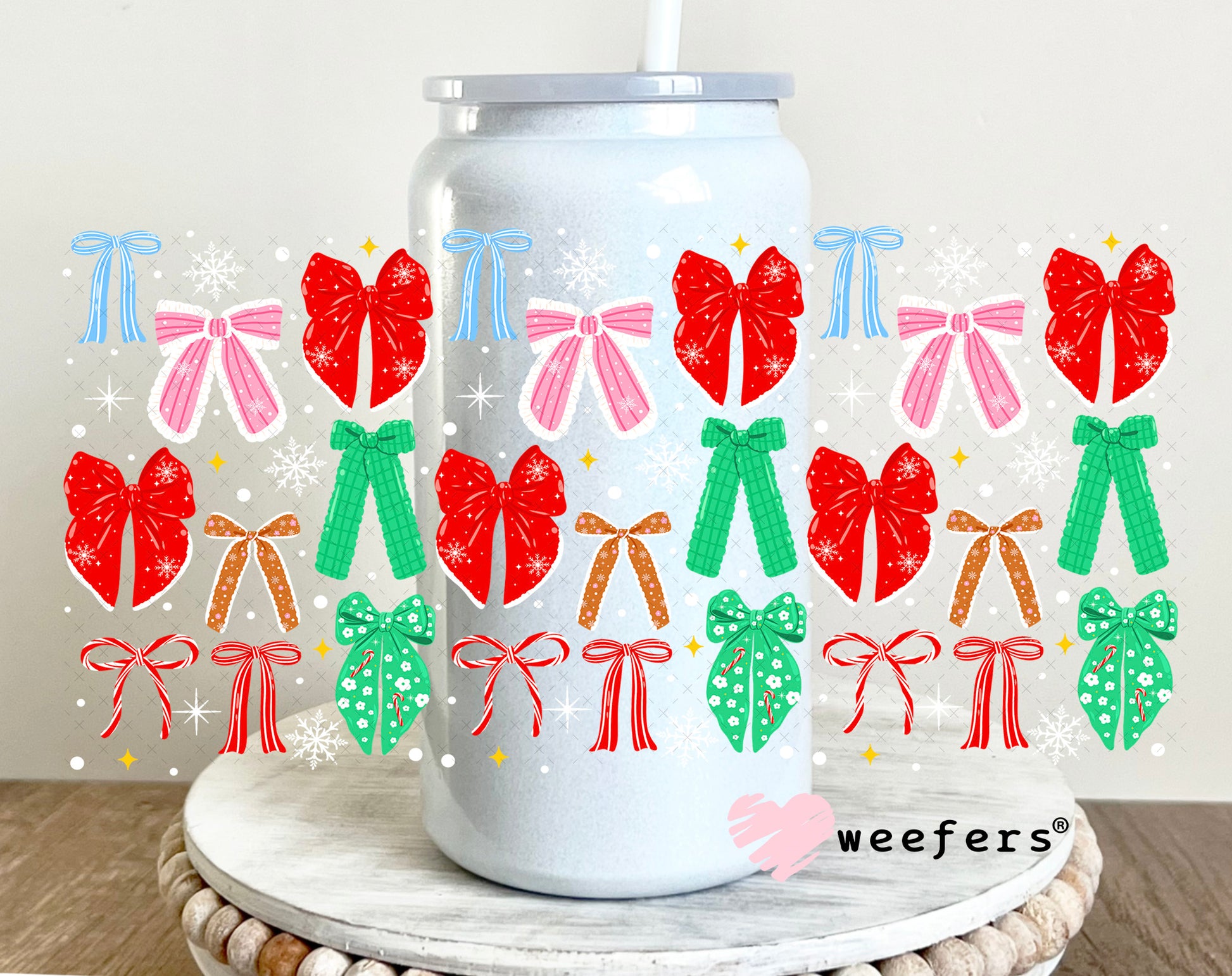 Red Green Christmas Bows UV DTF Cup Wrap 16oz Glass Can Generic Weefers