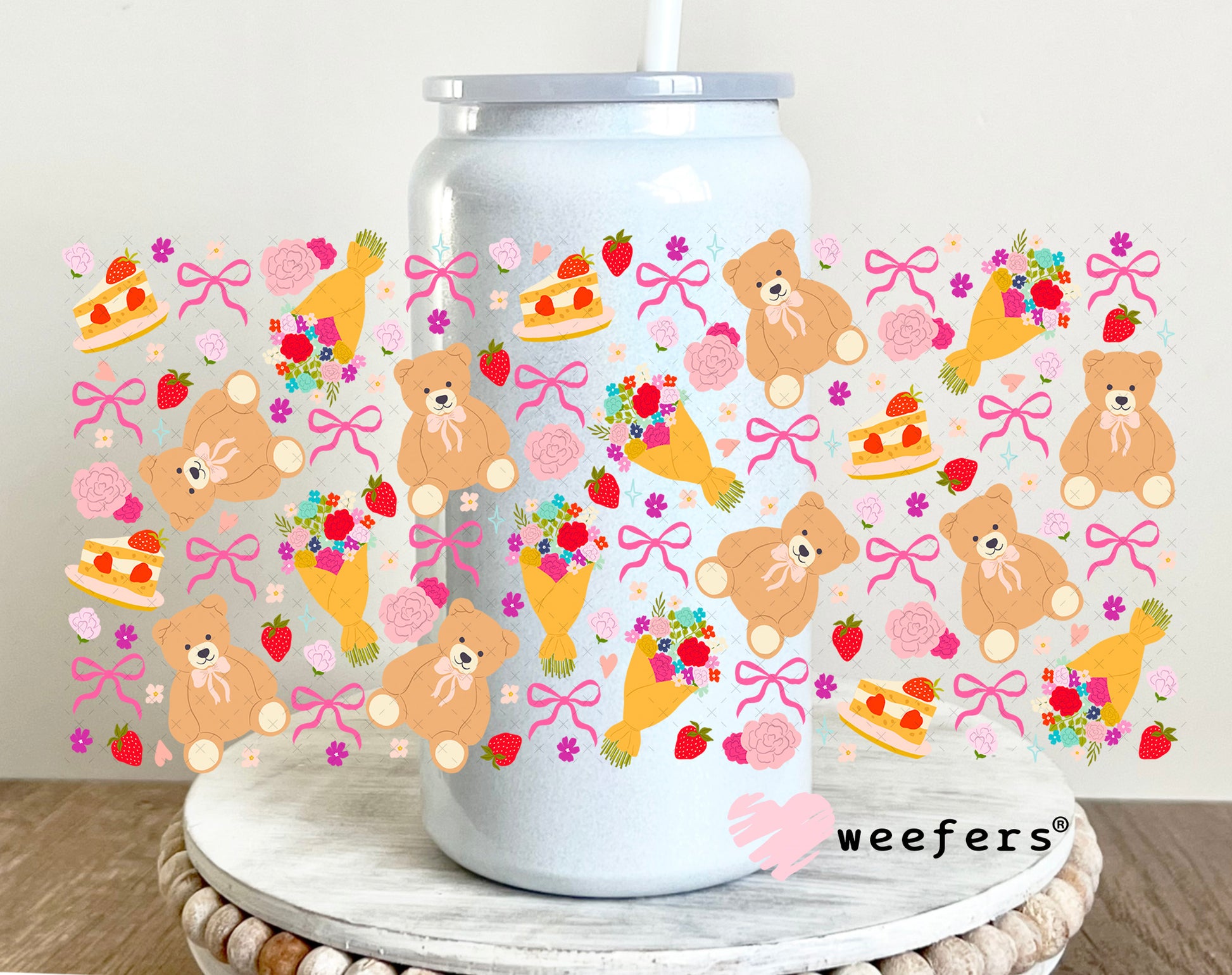 Teddy Bear friends UV DTF Cup Wrap 16oz Glass Can Generic Weefers
