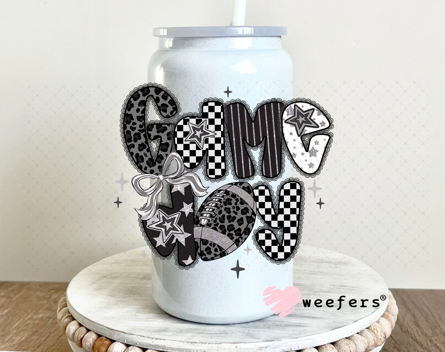 Game Day Black Lace UV DTF Decal 16oz Glass Can Generic Weefers