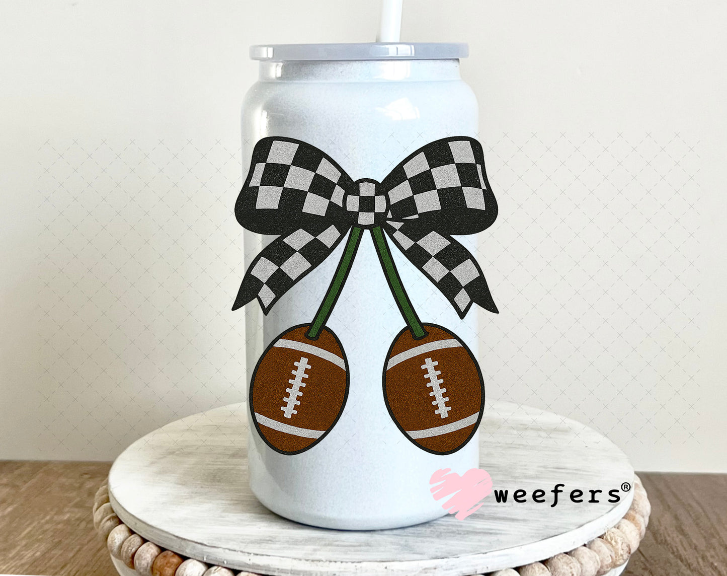 Football Black Checkered Bow UV DTF Decal 16oz Glass Can Generic Weefers