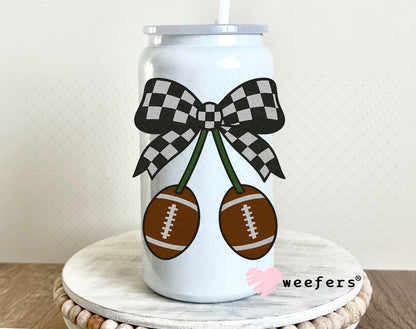 Football Black Checkered Bow UV DTF Decal 16oz Glass Can Generic Weefers