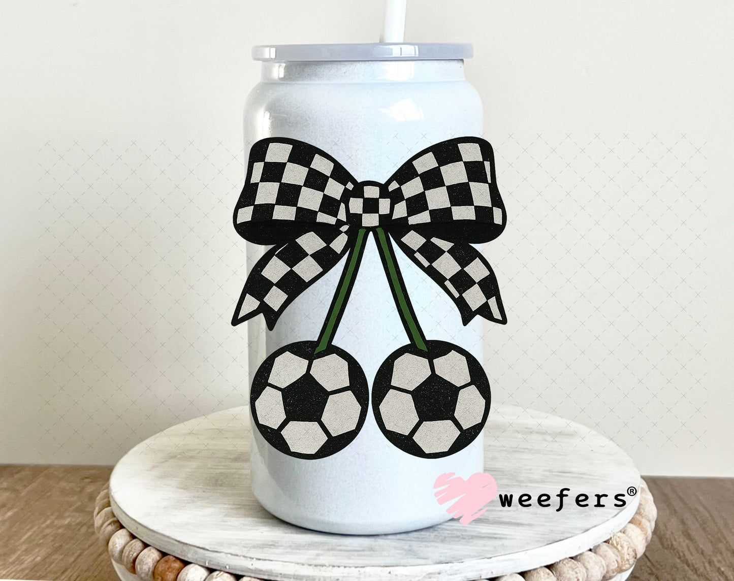 Soccer Cherry Checkered Bow UV DTF Decal 16oz Glass Can Generic Weefers