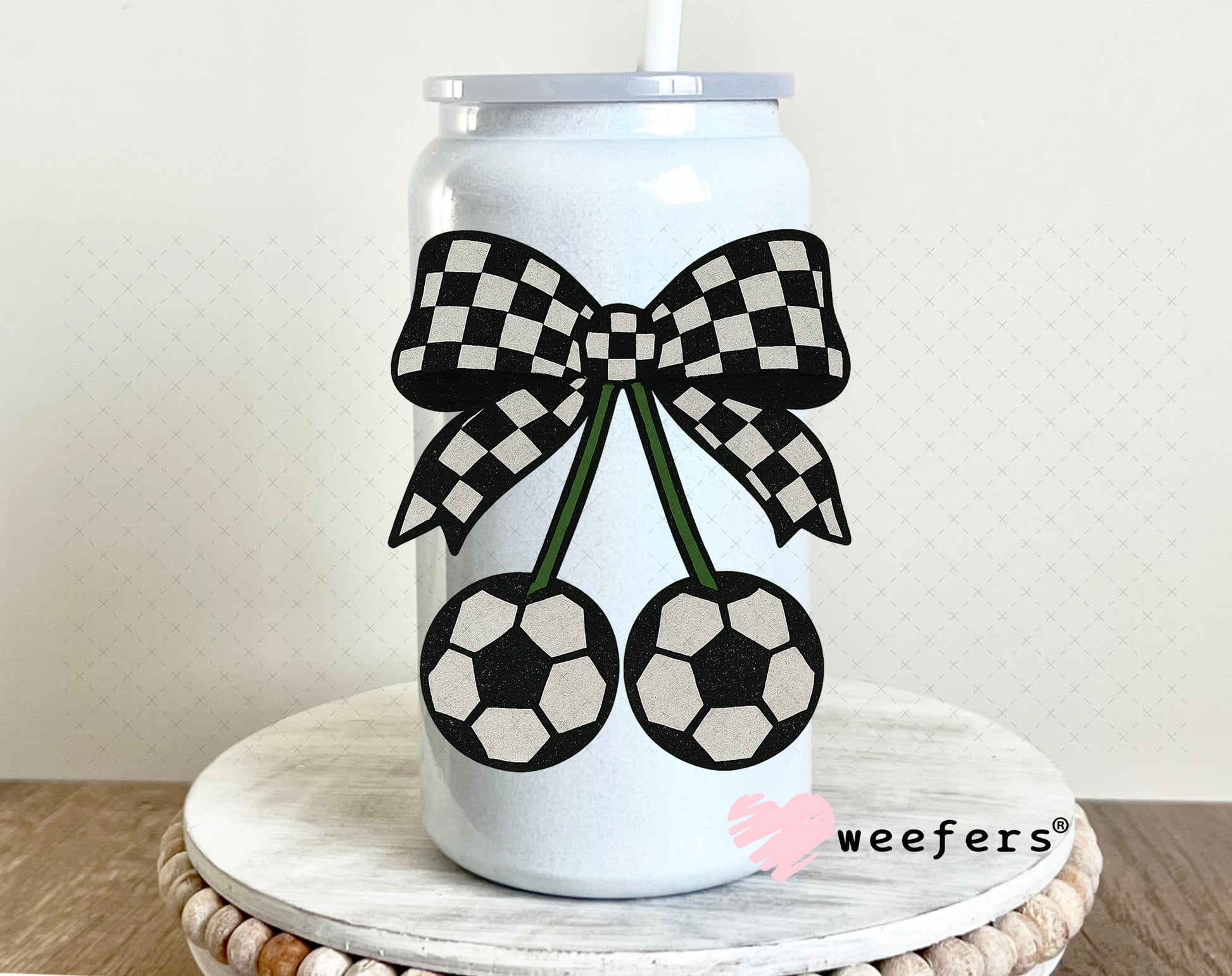 Soccer Cherry Checkered Bow UV DTF Decal 16oz Glass Can Generic Weefers