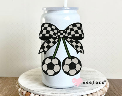 Soccer Cherry Checkered Bow UV DTF Decal 16oz Glass Can Generic Weefers