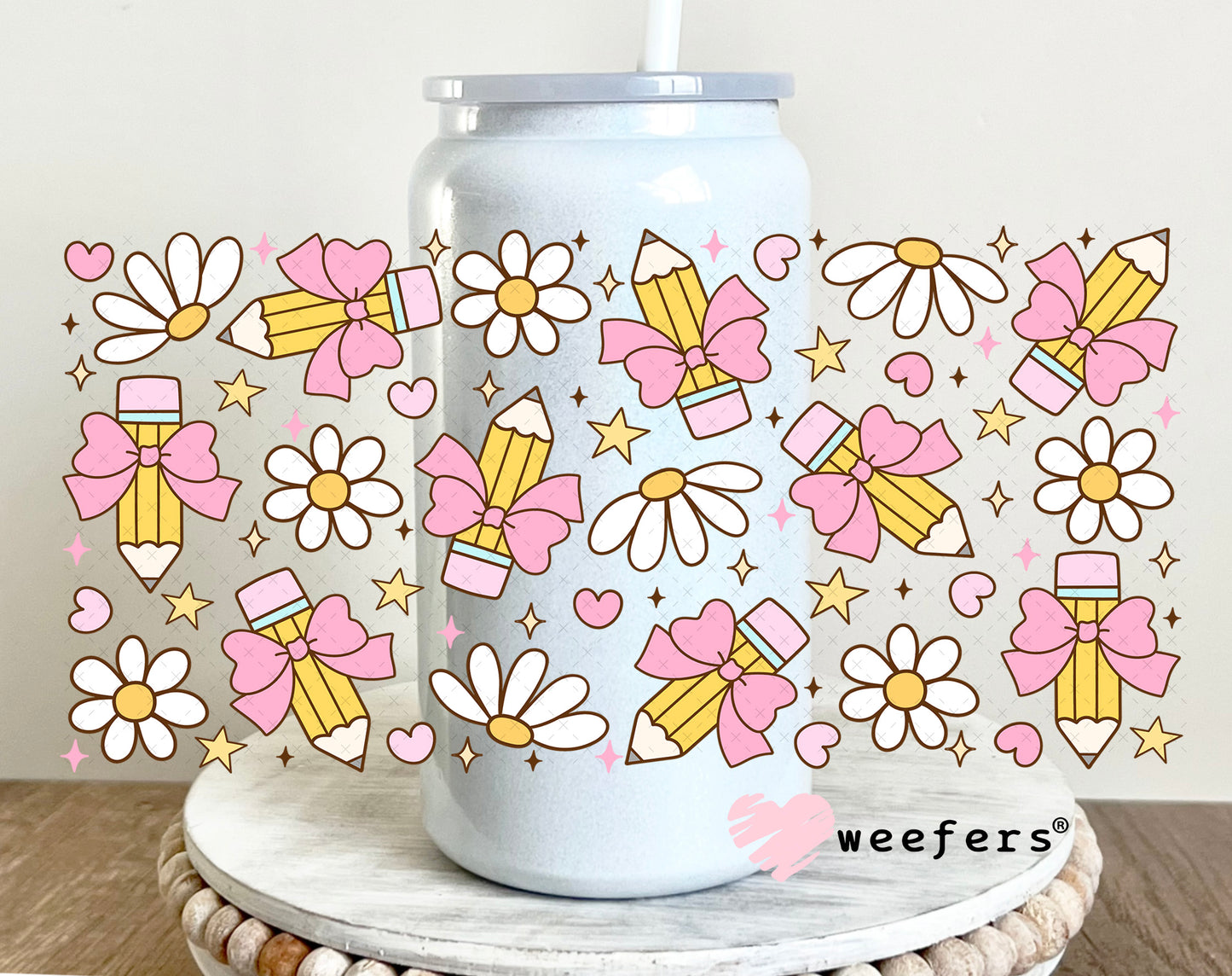 Teacher Coquette Pencils UV DTF Cup Wrap 16oz Glass Can Generic Weefers