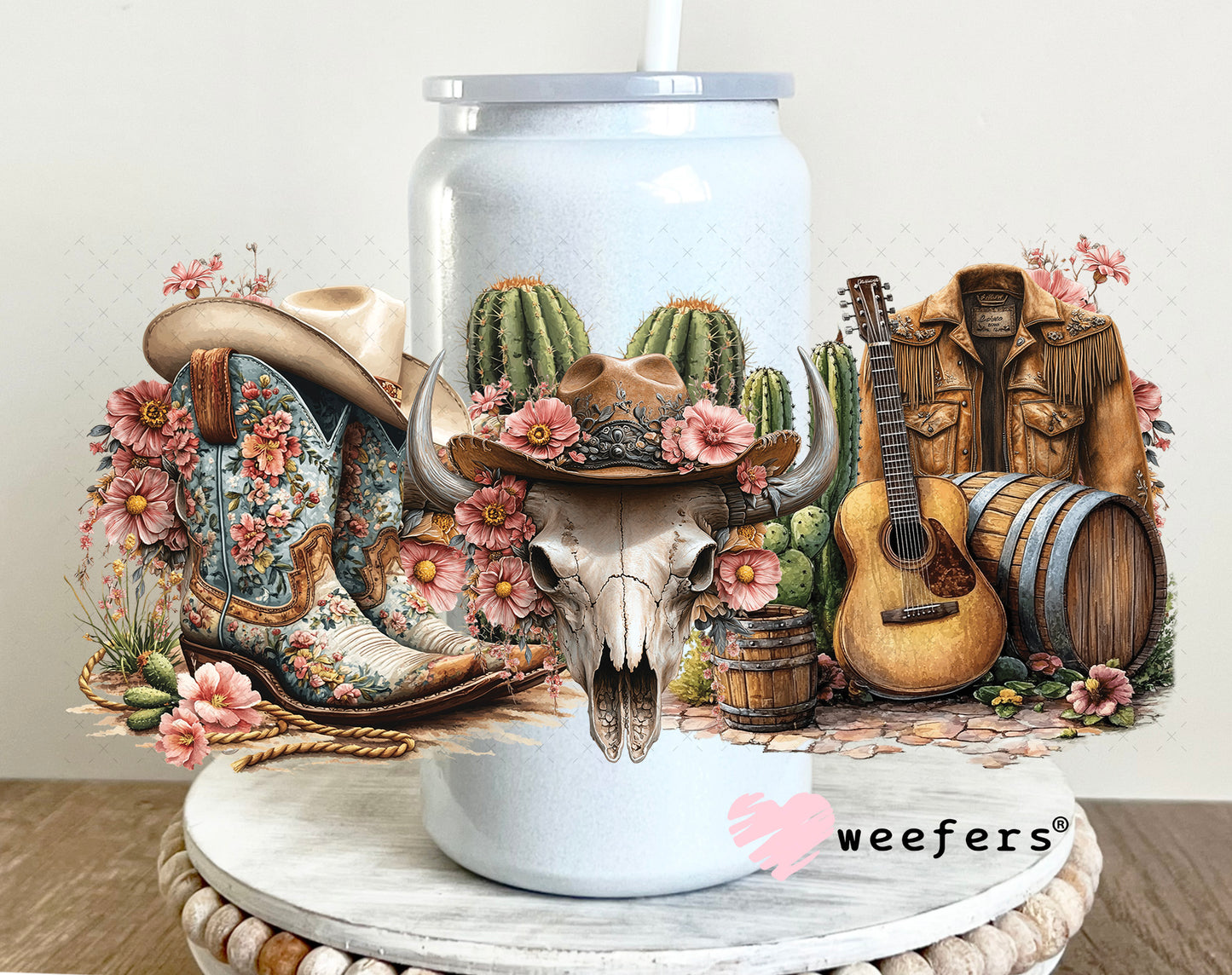 Western Boots and Cow Skull UV DTF Cup Wrap 16oz Glass Can Generic Weefers