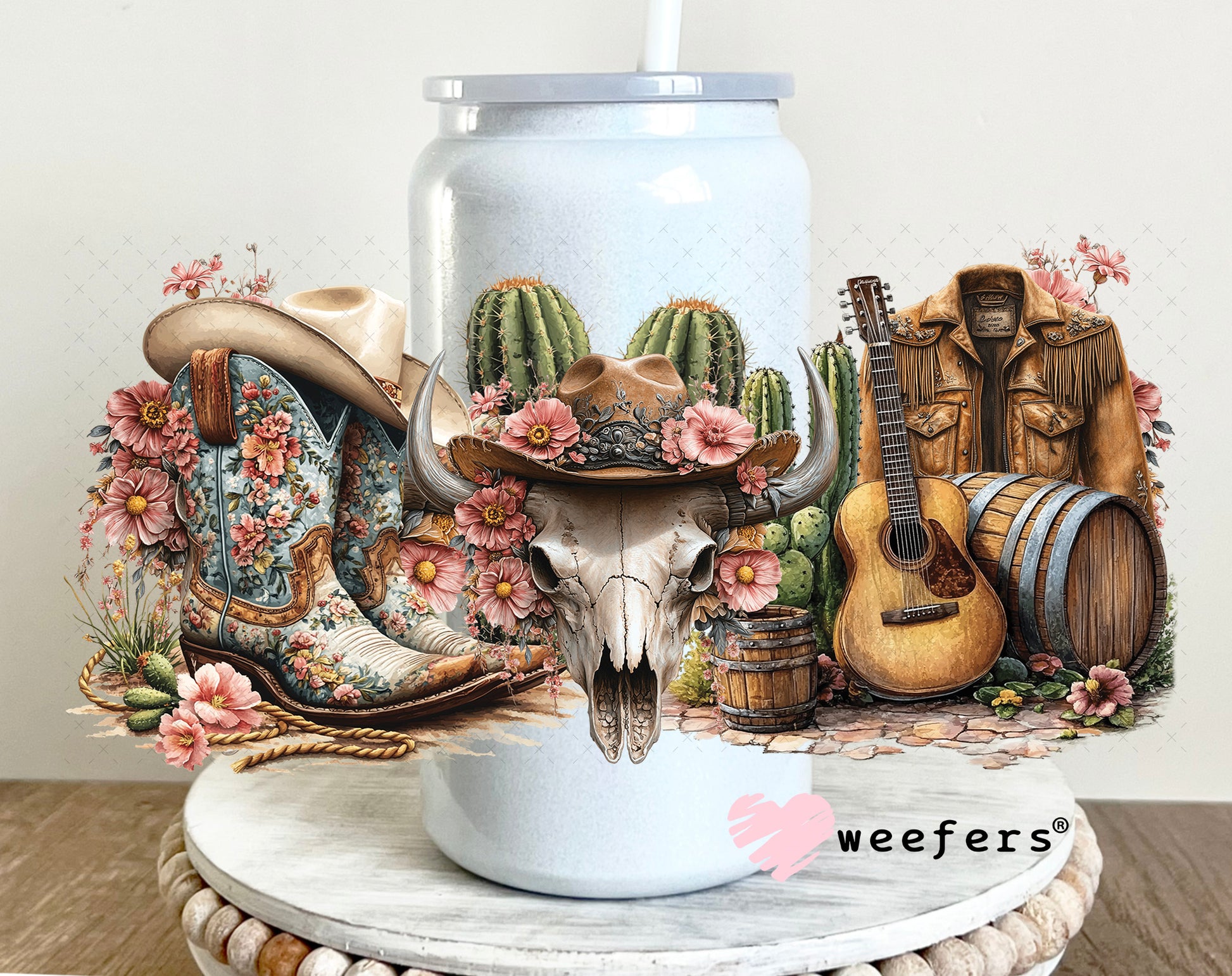 Western Boots and Cow Skull UV DTF Cup Wrap 16oz Glass Can Generic Weefers