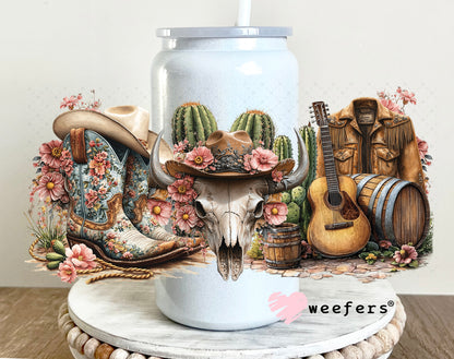 Western Boots and Cow Skull UV DTF Cup Wrap 16oz Glass Can Generic Weefers
