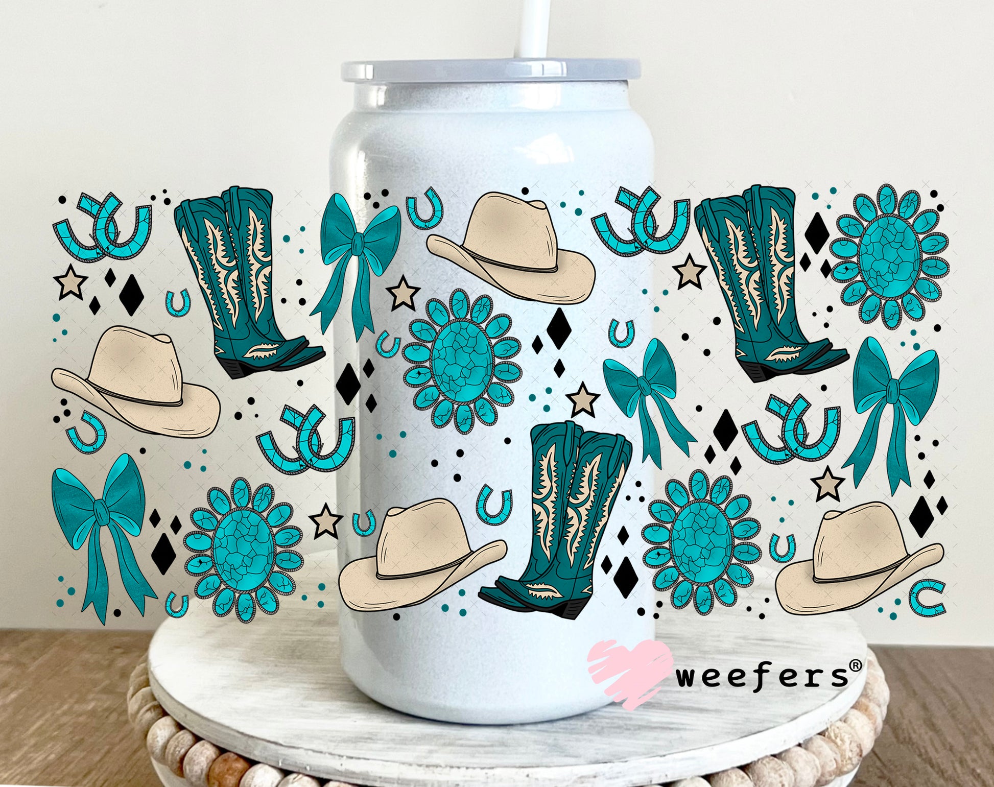 Western Blue Boots and Cowboy Hats UV DTF Cup Wrap 16oz Glass Can Generic Weefers