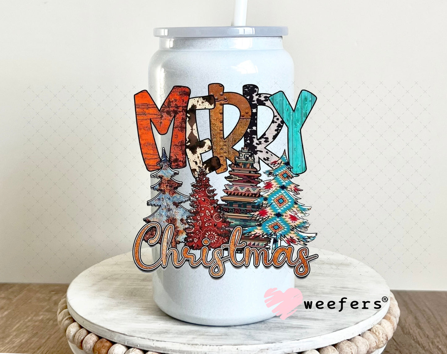 Western Merry Christmas UV DTF Decal 16oz Glass Can Generic Weefers