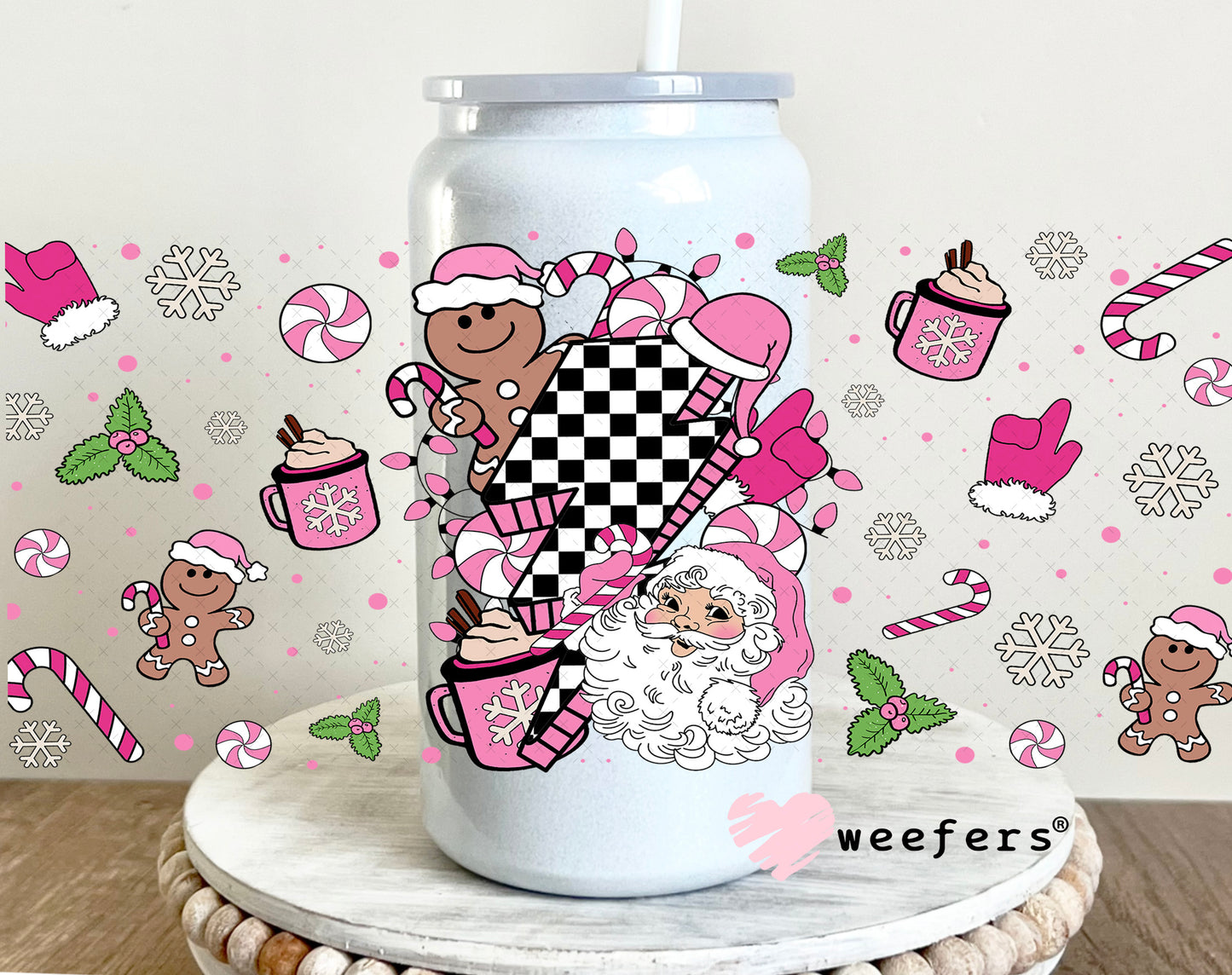 Retro Christmas Pink Favorite Things UV DTF Cup Wrap 16oz Glass Can Generic Weefers