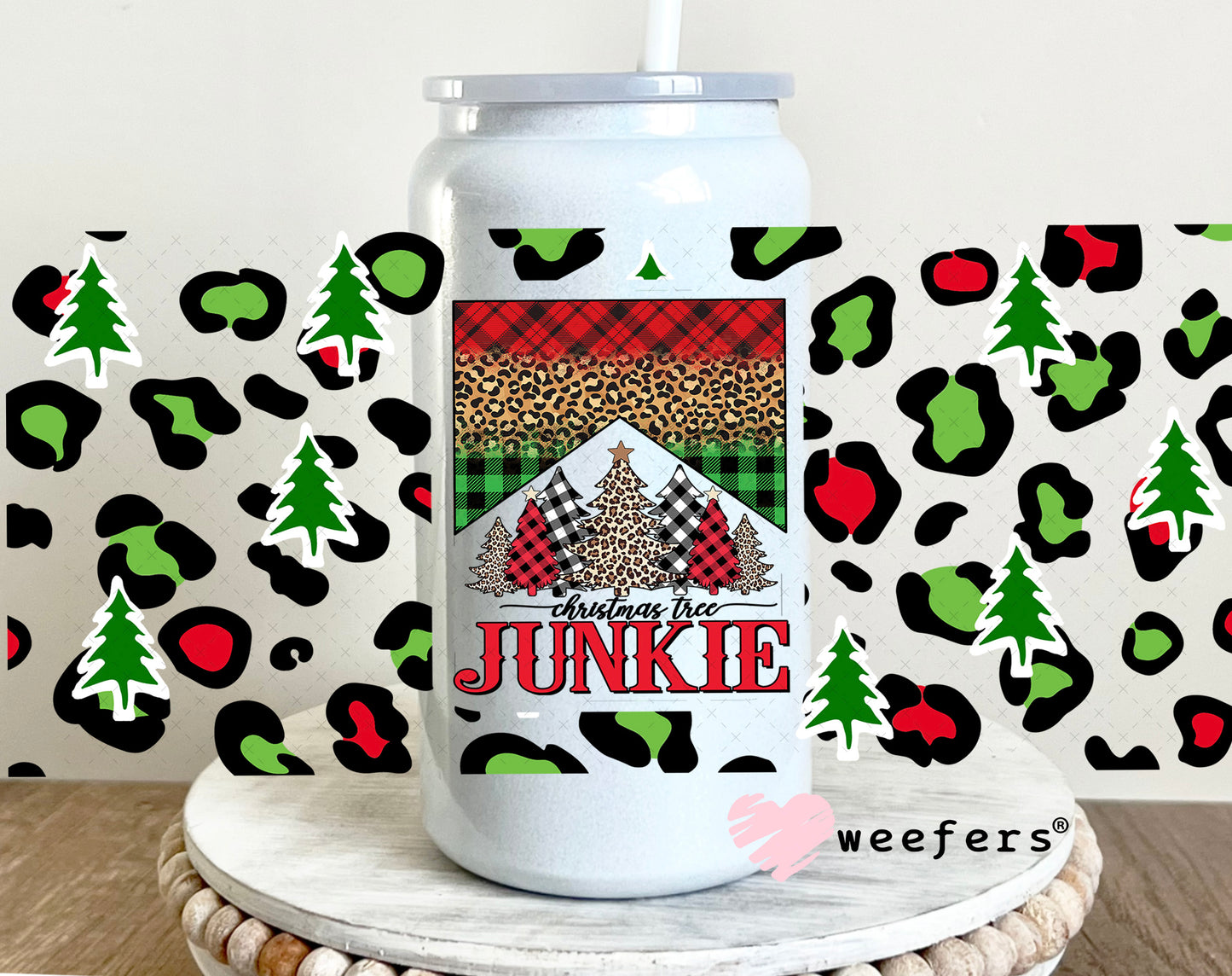 Christmas Tree Junkie UV DTF Cup Wrap 16oz Glass Can Generic Weefers