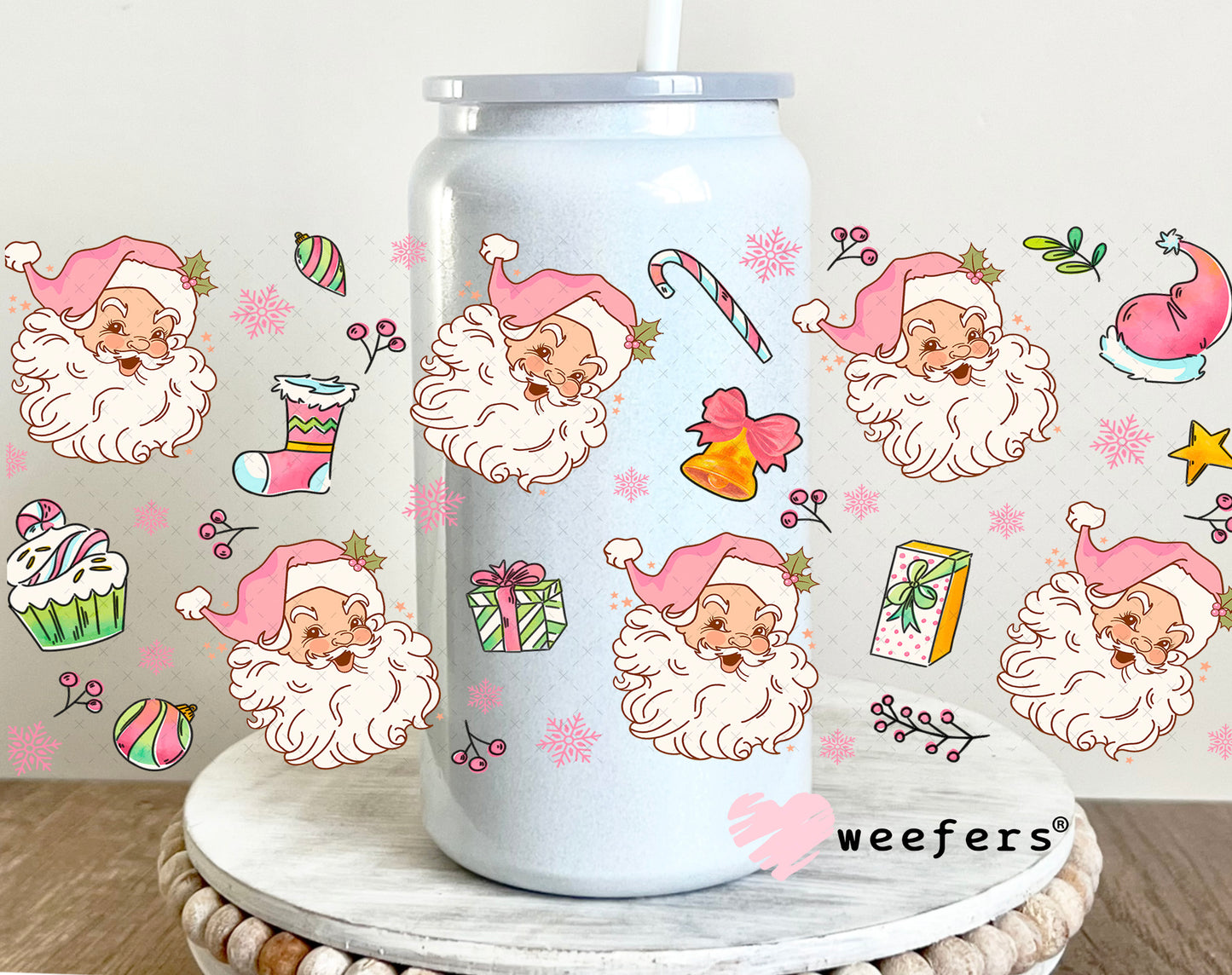Retro Christmas Pink Santa UV DTF Cup Wrap 16oz Glass Can Generic Weefers