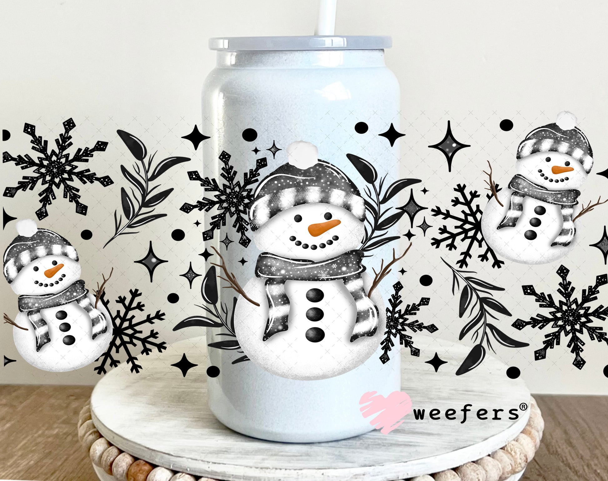 Grey Snowmen UV DTF Cup Wrap 16oz Glass Can Generic Weefers