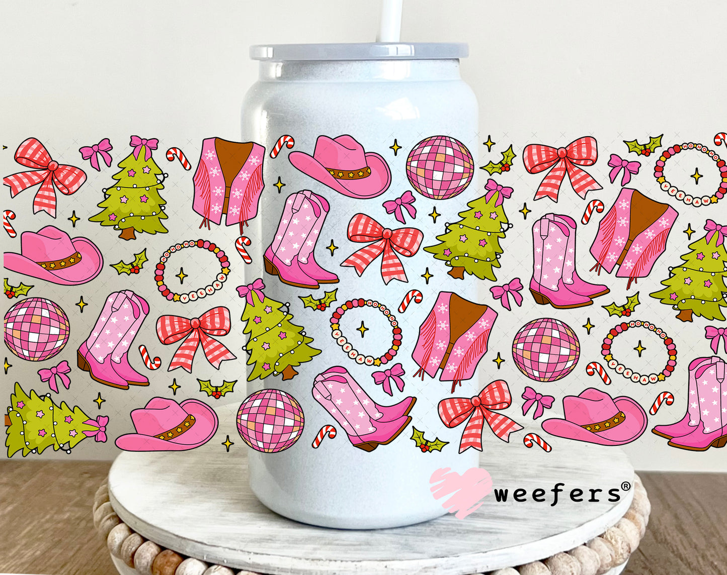 Pink Western Christmas UV DTF Cup Wrap 16oz Glass Can Generic Weefers