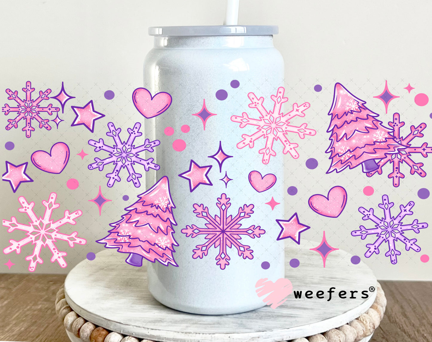Pink Christmas Tree UV DTF Cup Wrap 16oz Glass Can Generic Weefers