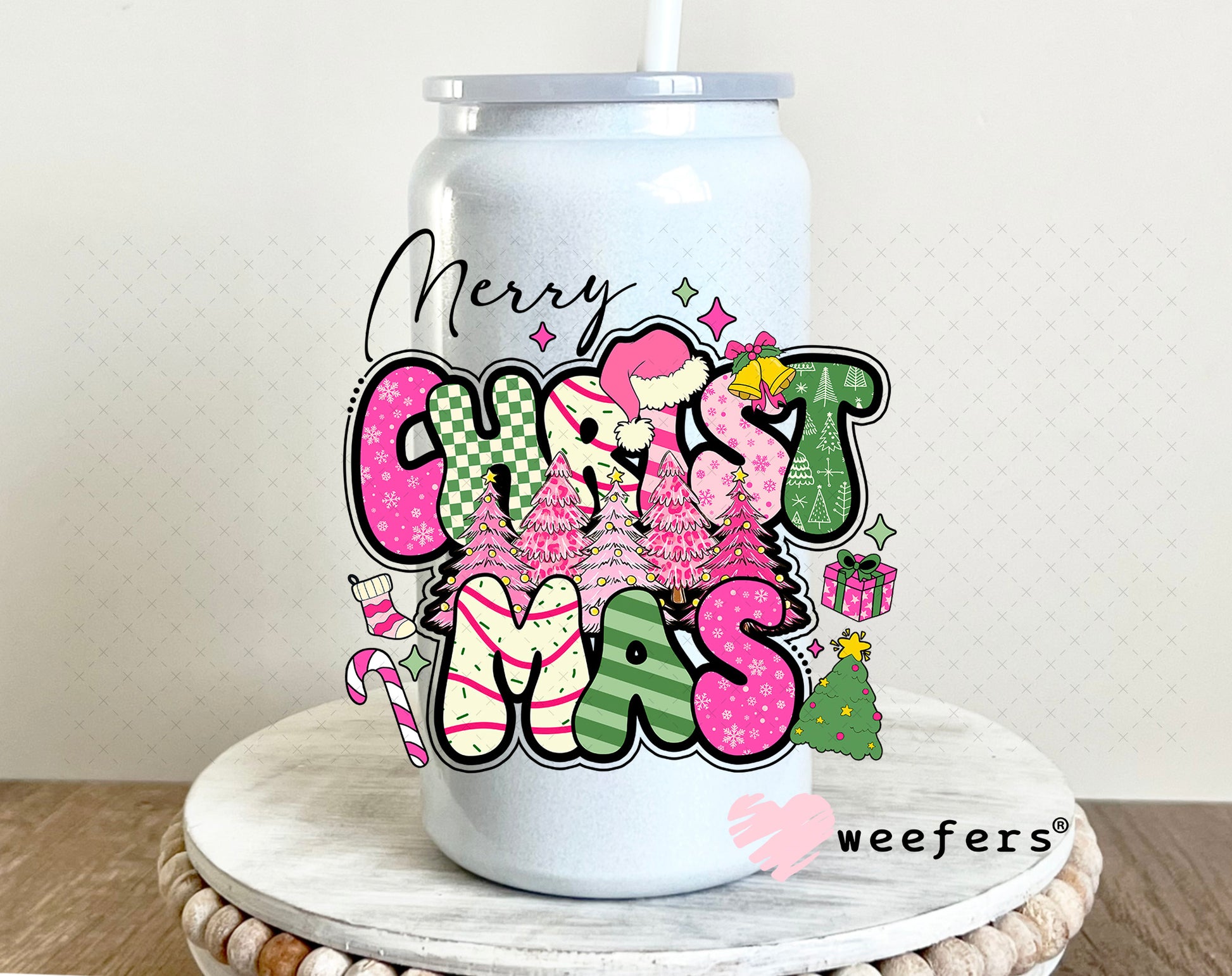 Merry Christmas UV DTF Decal 16oz Glass Can Generic Weefers