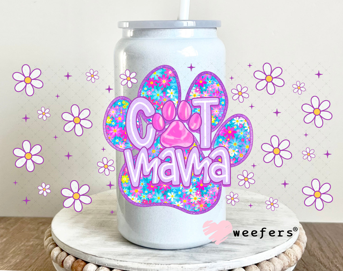Purple Cat Mama Paw UV DTF Cup Wrap - Weefers Exclusive 16oz Glass Can Generic Weefers