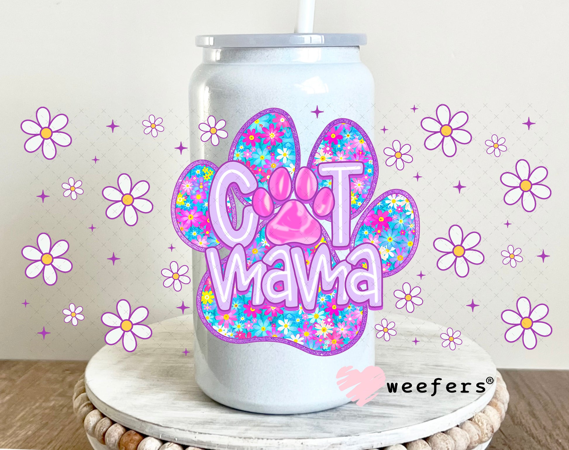 Purple Cat Mama Paw UV DTF Cup Wrap - Weefers Exclusive 16oz Glass Can Generic Weefers