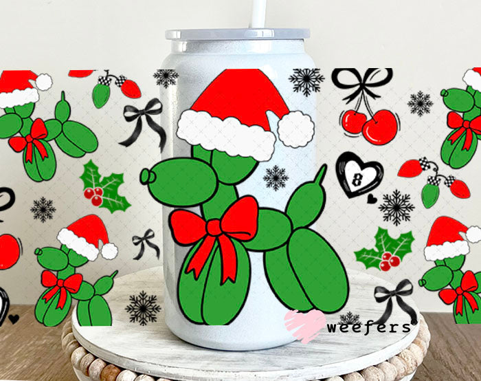 Christmas Santa Balloon Dog UV DTF Cup Wrap - Weefers Exclusive 16oz Glass Can Generic Cup Wrap Weefers