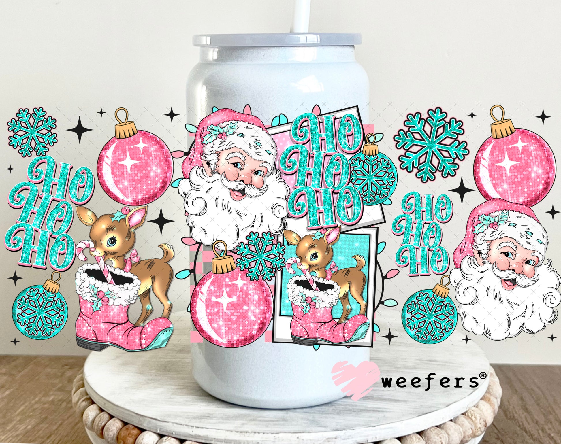 Ho Ho Ho Vintage Pink and Teal Santa UV DTF Cup Wrap 16oz Glass Can Generic Weefers