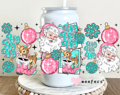 Ho Ho Ho Vintage Pink and Teal Santa UV DTF Cup Wrap 16oz Glass Can Generic Weefers