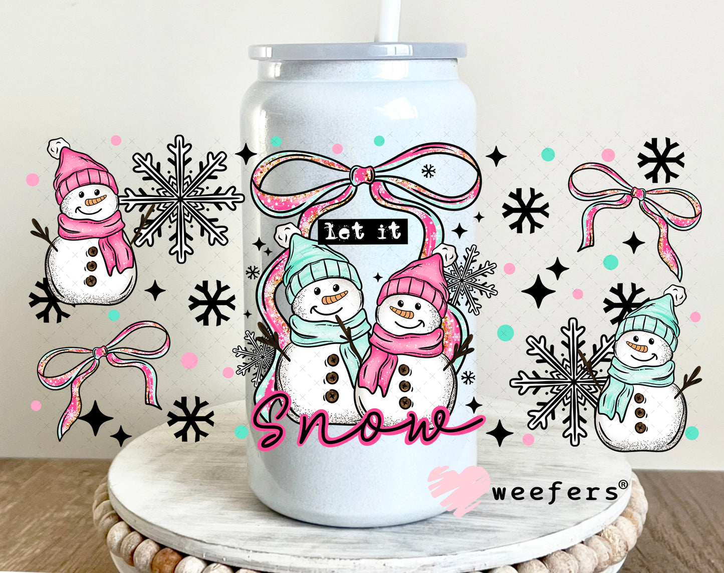 Let it Snow Pink and Blue Snowmen UV DTF Cup Wrap 16oz Glass Can Generic Weefers