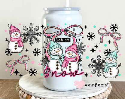Let it Snow Pink and Blue Snowmen UV DTF Cup Wrap 16oz Glass Can Generic Weefers