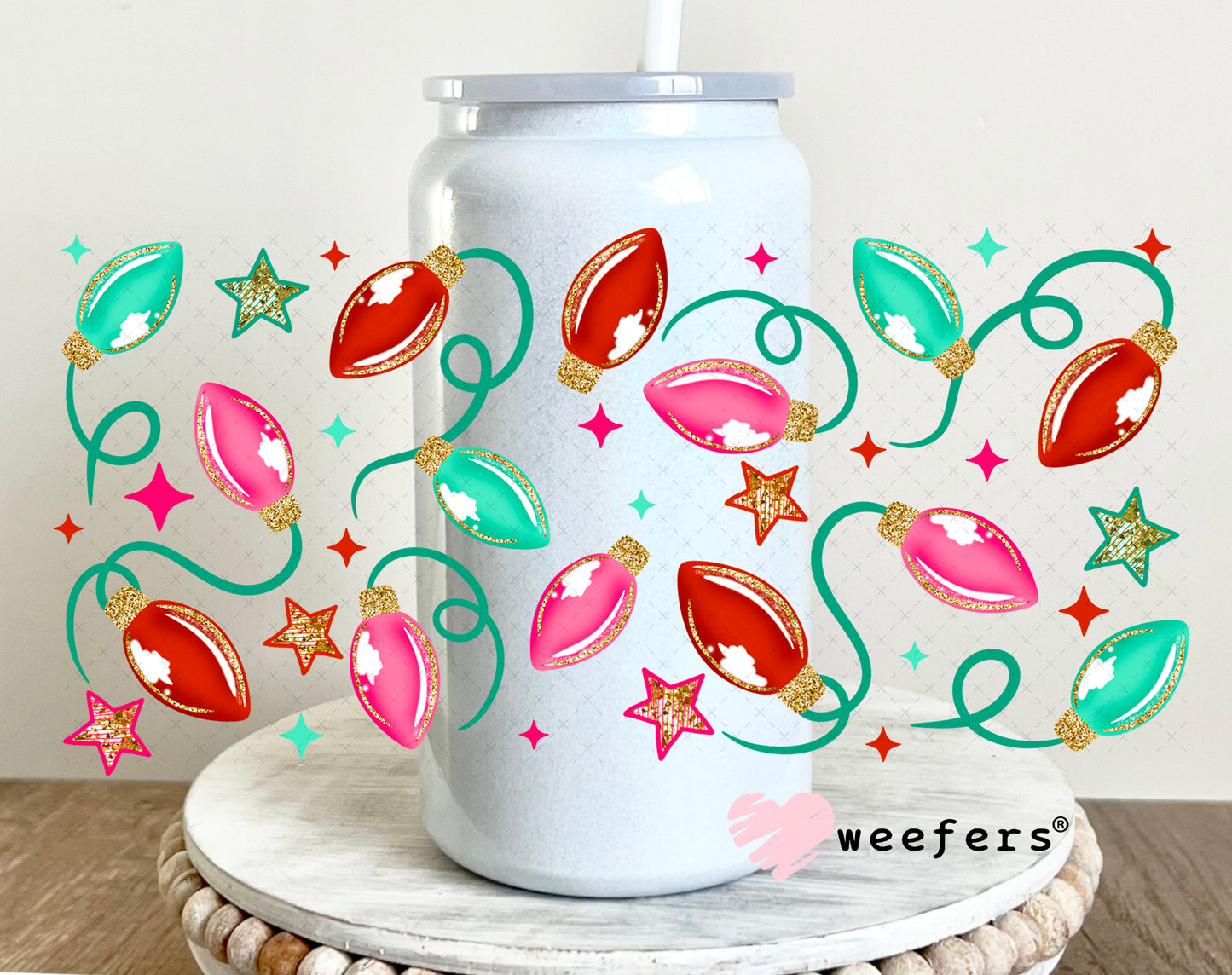 Retro Christmas Lights UV DTF Cup Wrap 16oz Glass Can Generic Weefers