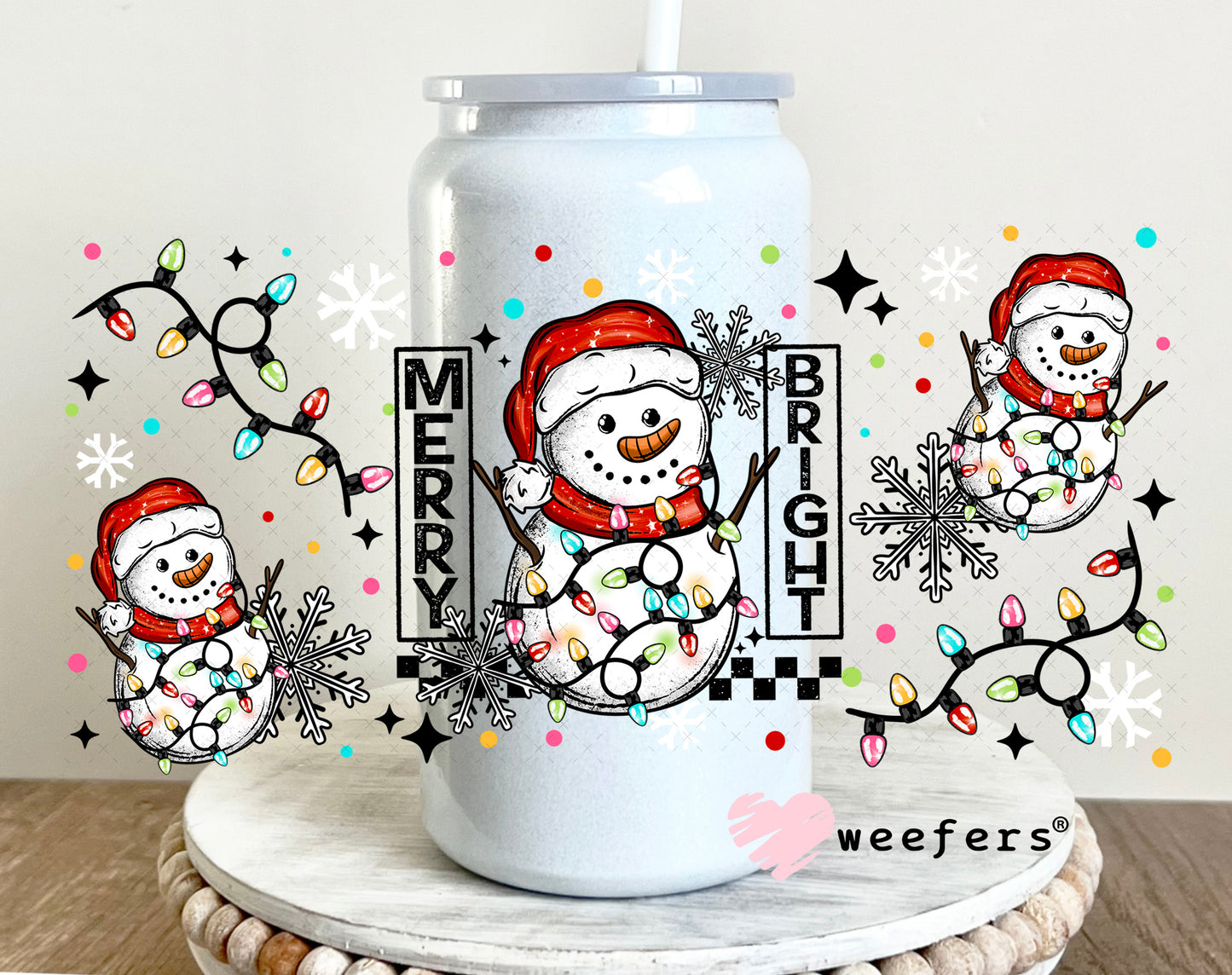 Merry Bright Tangled Lights Snowman UV DTF Cup Wrap 16oz Glass Can Generic Weefers