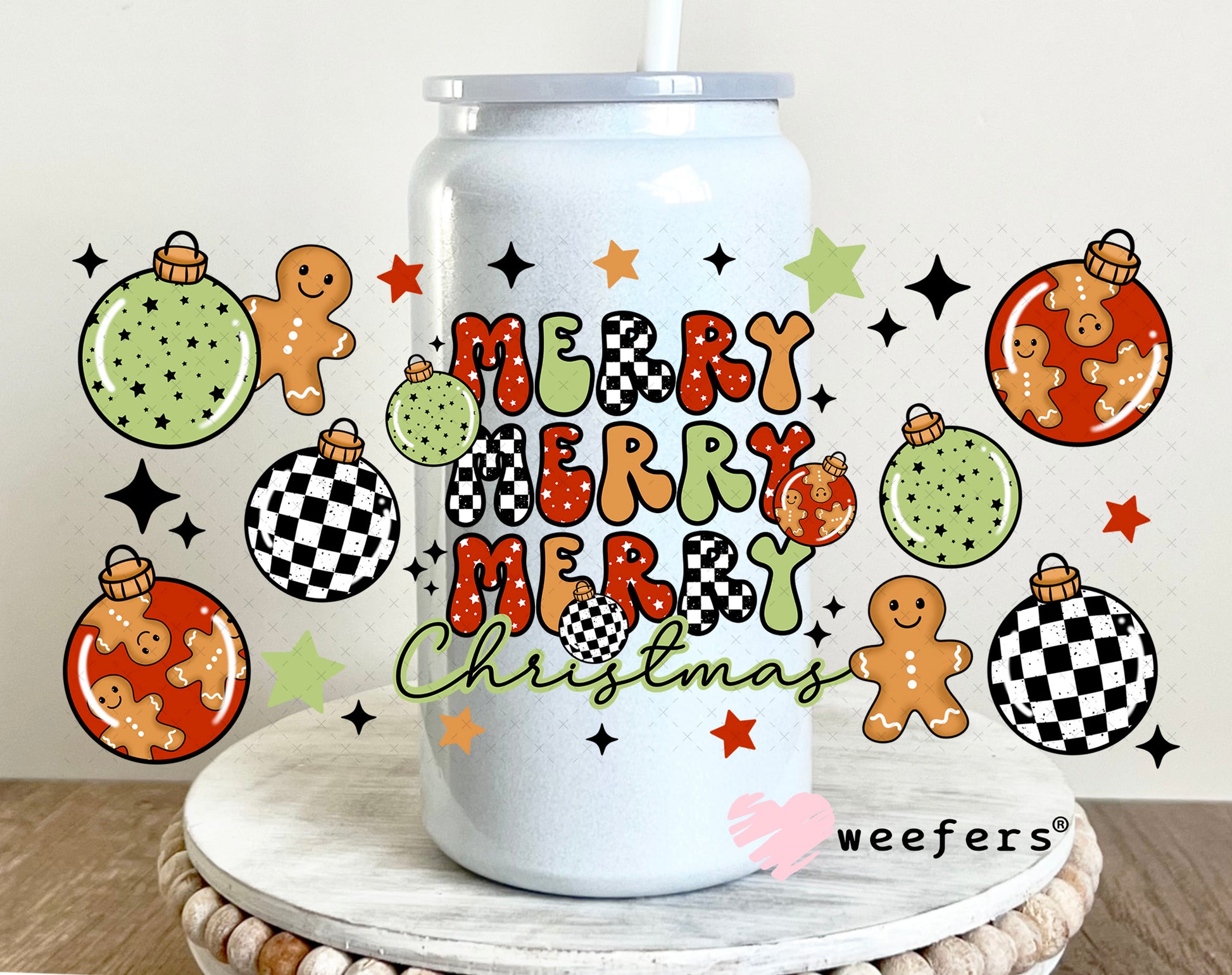 Merry Merry Merry Christmas Gingerbread and Christmas Balls UV DTF Cup Wrap 16oz Glass Can Generic Weefers