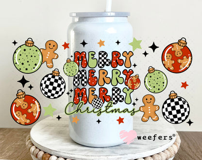 Merry Merry Merry Christmas Gingerbread and Christmas Balls UV DTF Cup Wrap 16oz Glass Can Generic Weefers