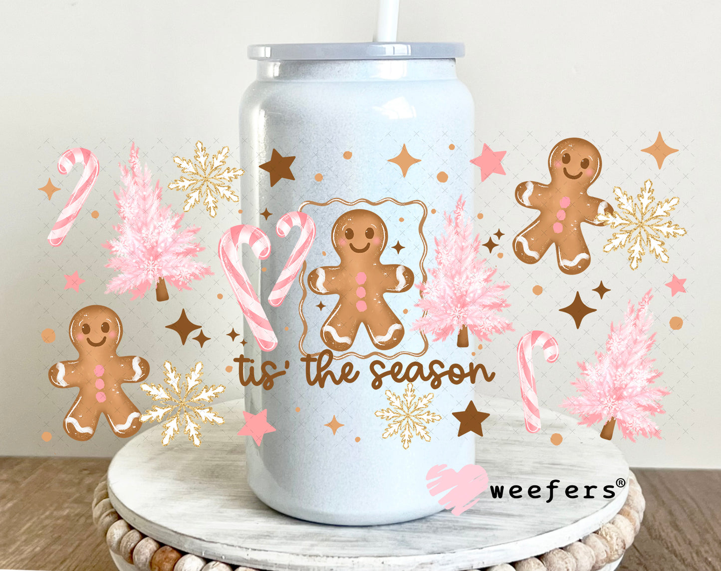 Tis the Season Pink Christmas Gingerbread and Trees UV DTF Cup Wrap 16oz Glass Can Generic Weefers