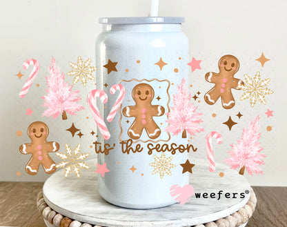 Tis the Season Pink Christmas Gingerbread and Trees UV DTF Cup Wrap 16oz Glass Can Generic Weefers