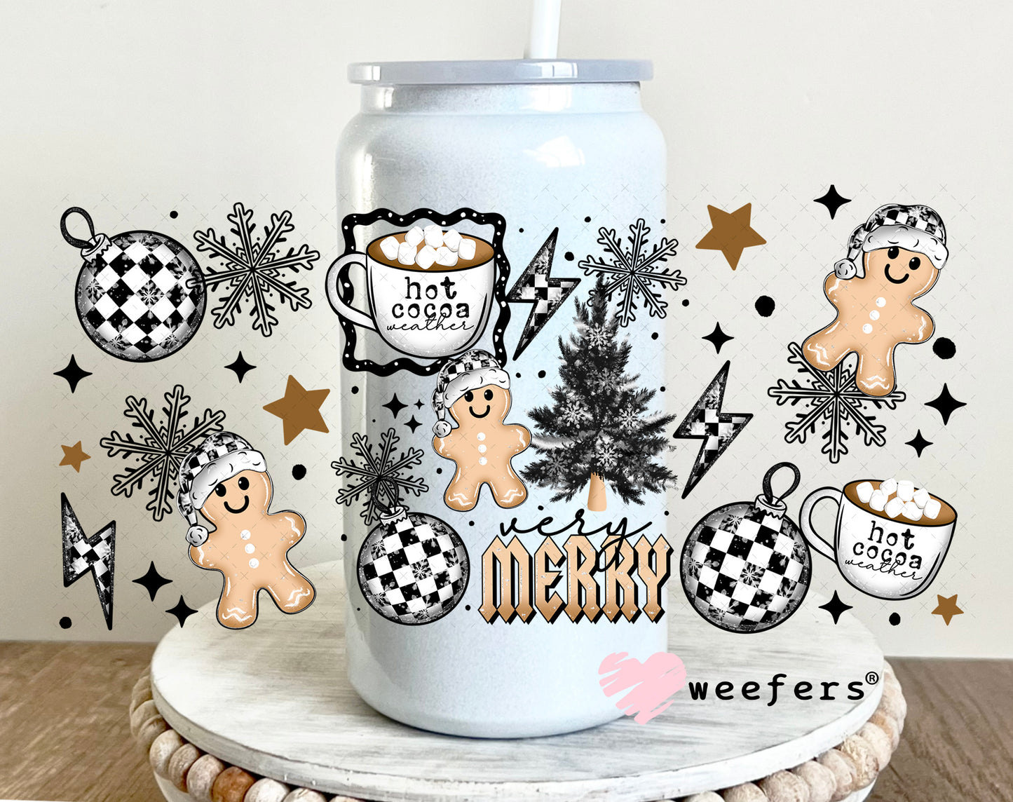 Black and White Checkered Christmas Gingerbread UV DTF Cup Wrap 16oz Glass Can Generic Weefers