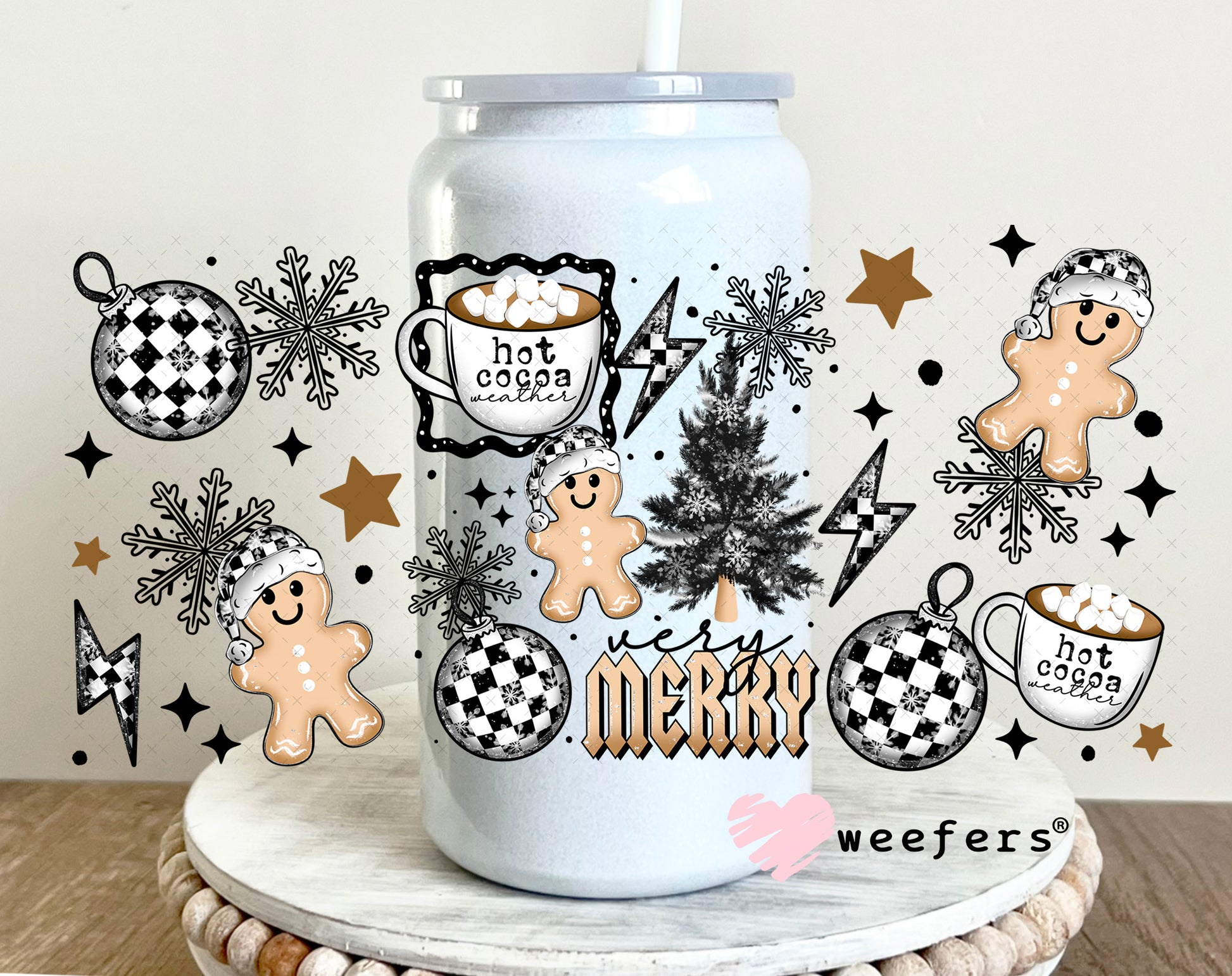 Black and White Checkered Christmas Gingerbread UV DTF Cup Wrap 16oz Glass Can Generic Weefers