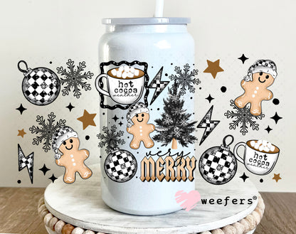 Black and White Checkered Christmas Gingerbread UV DTF Cup Wrap 16oz Glass Can Generic Weefers