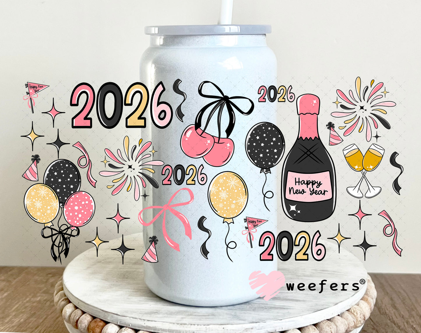 2026 New Years Pink Gold UV DTF Cup Wrap - Weefers Exclusive 16oz Glass Can Generic Weefers