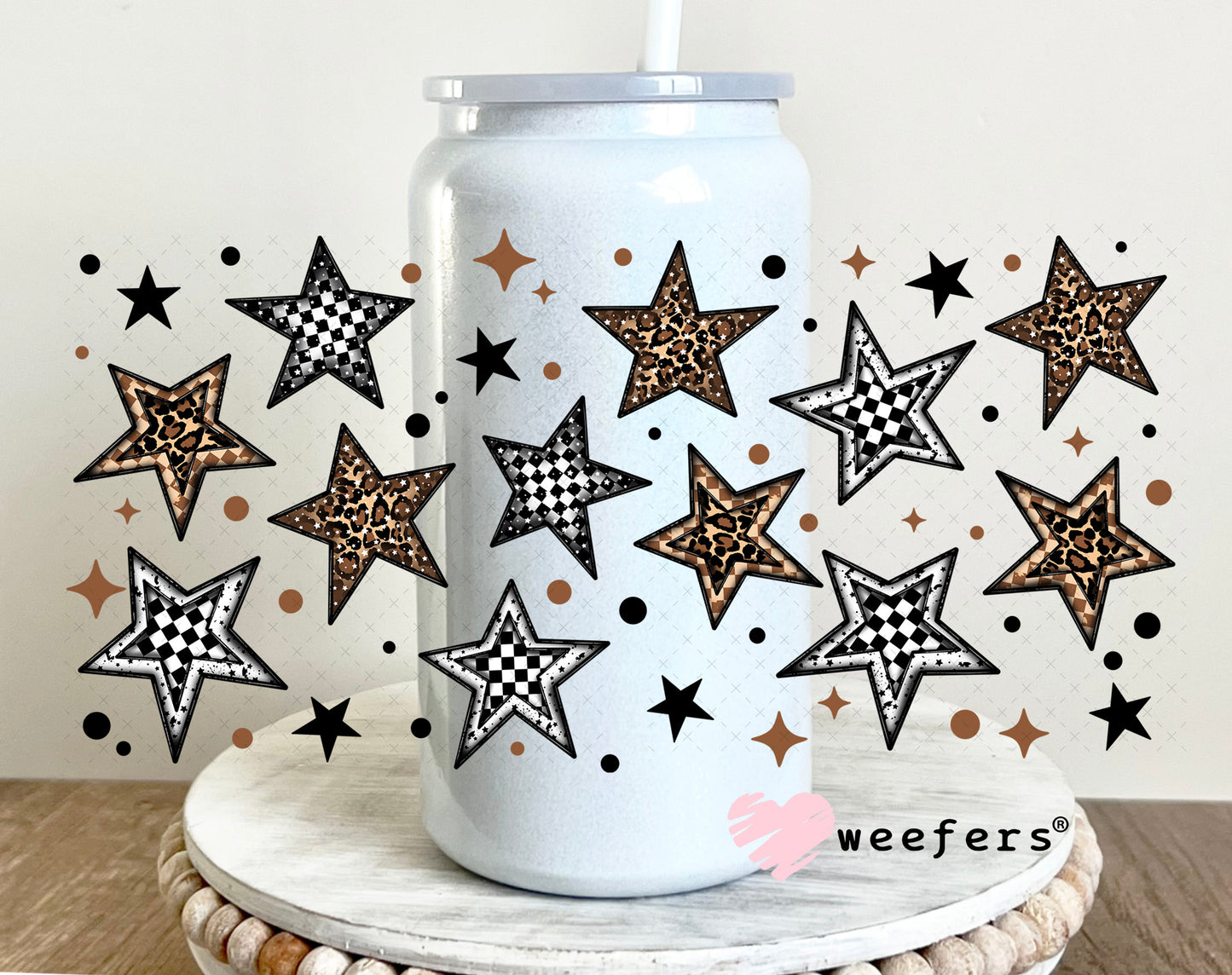 Brown and Black Stars UV DTF Cup Wrap 16oz Glass Can Generic Weefers