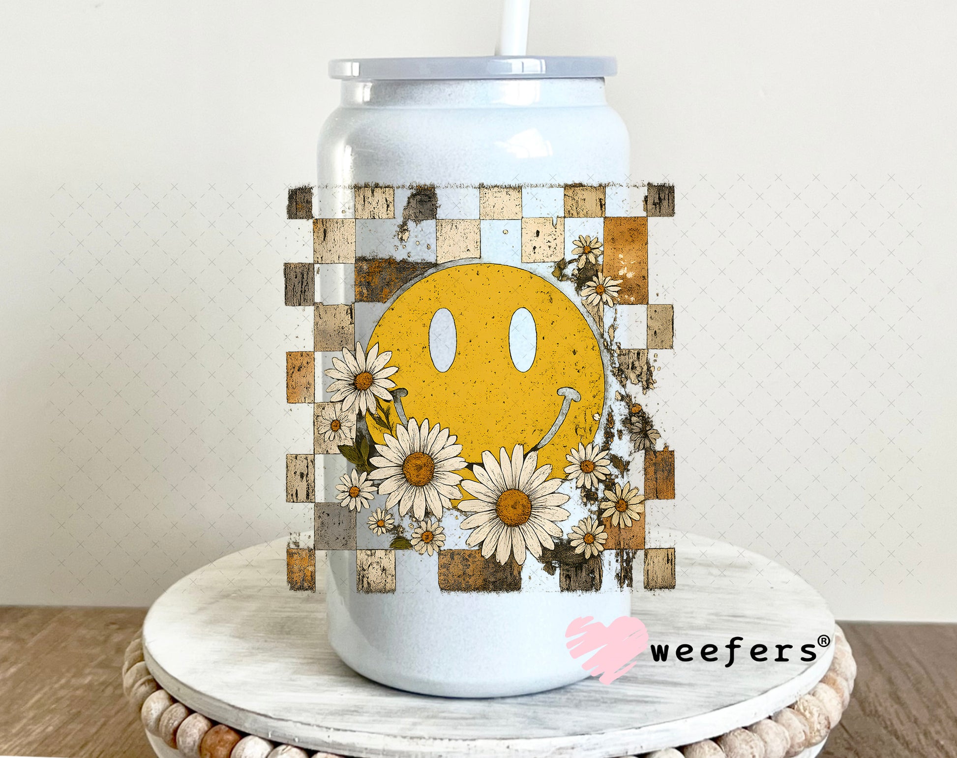 Smile Face Grunge Blocks Flowers UV DTF Decal 16oz Glass Can Generic Weefers