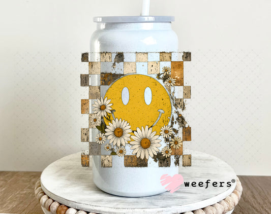 Smile Face Grunge Blocks Flowers UV DTF Decal 16oz Glass Can Generic Weefers