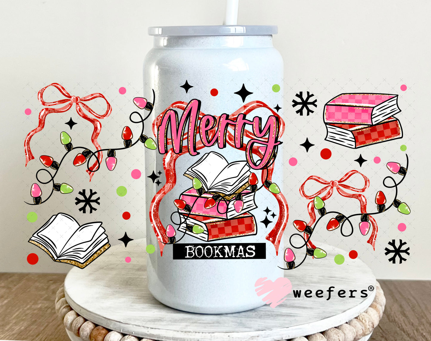 Merry Bookmas UV DTF Cup Wrap 16oz Glass Can Generic Weefers