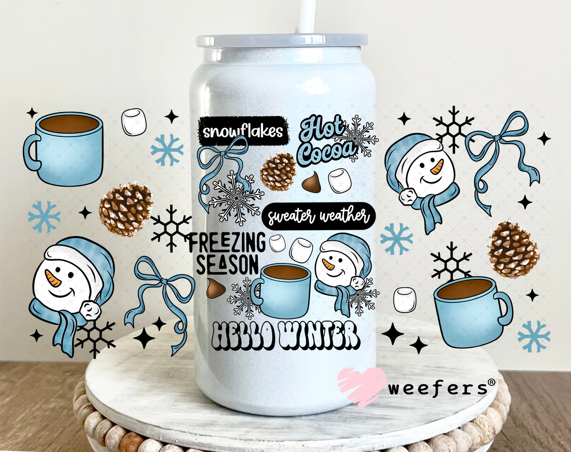 Hello Winter Blue Smiley Snowmen UV DTF Cup Wrap 16oz Glass Can Generic Weefers