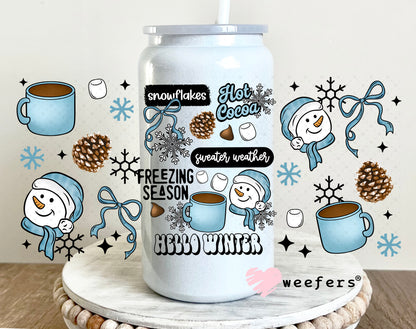 Hello Winter Blue Smiley Snowmen UV DTF Cup Wrap 16oz Glass Can Generic Weefers