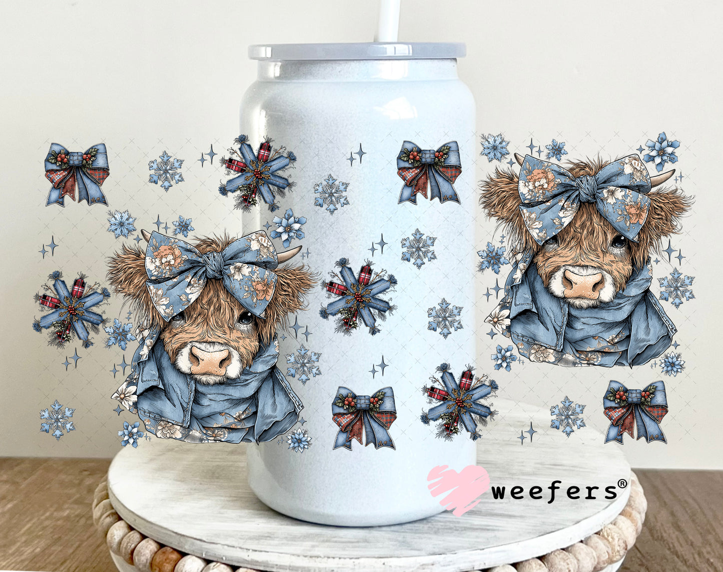 UV DTF Cup Wrap – Blue Christmas Highland Cow - Weefers Exclusive 16oz Glass Can Generic Weefers