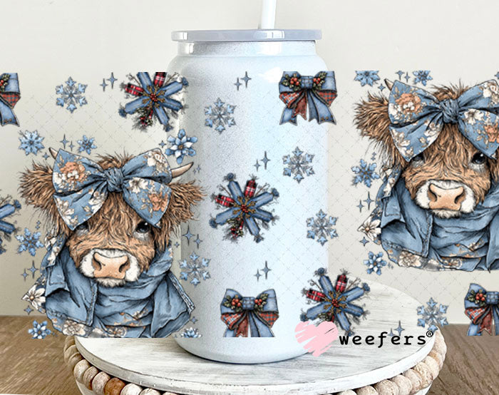 UV DTF Cup Wrap – Blue Christmas Highland Cow - Weefers Exclusive 16oz Glass Can Generic Cup Wrap Weefers