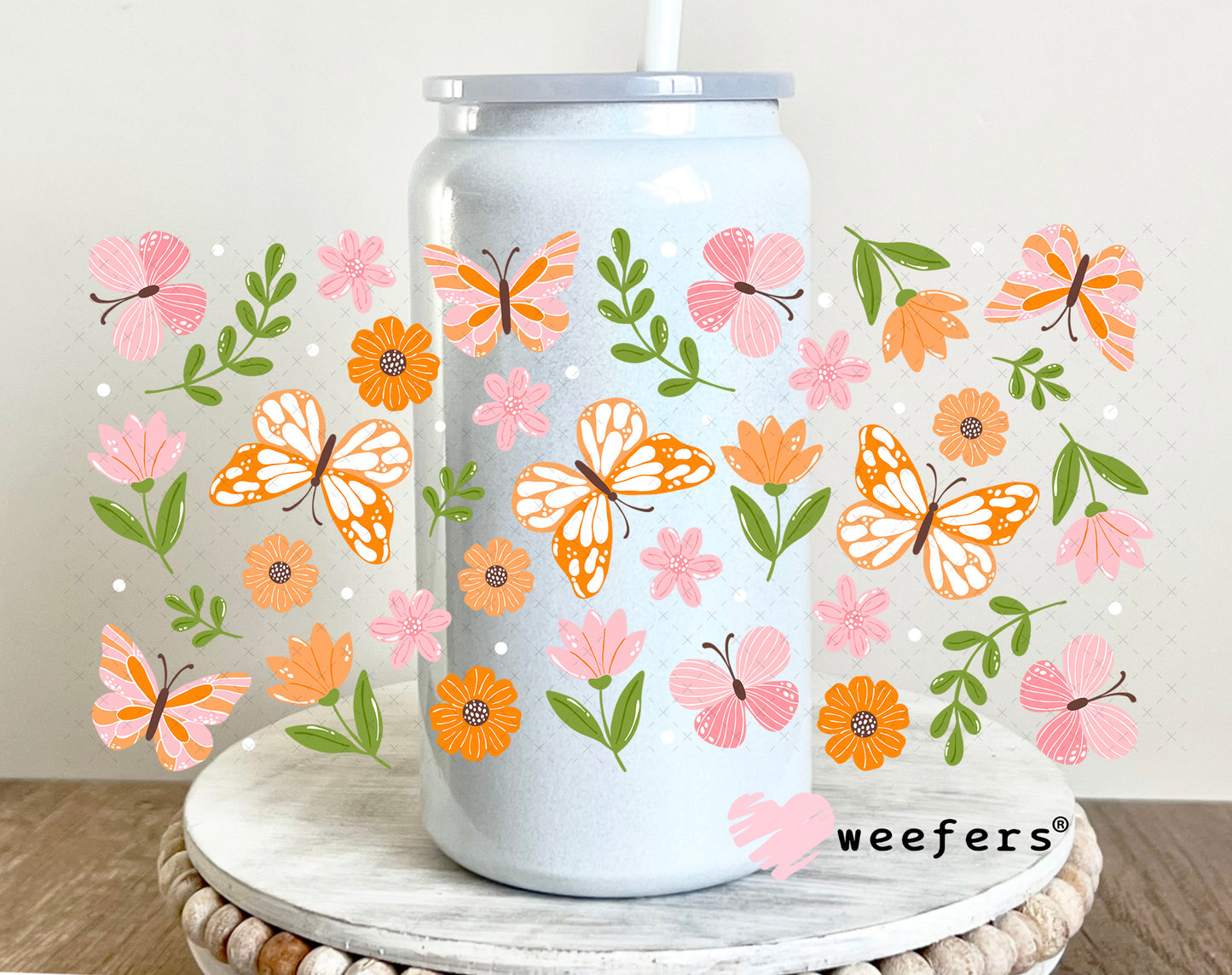 UV DTF Cup Wrap – Whimsical Butterflies Orange 16oz Glass Can Generic Weefers